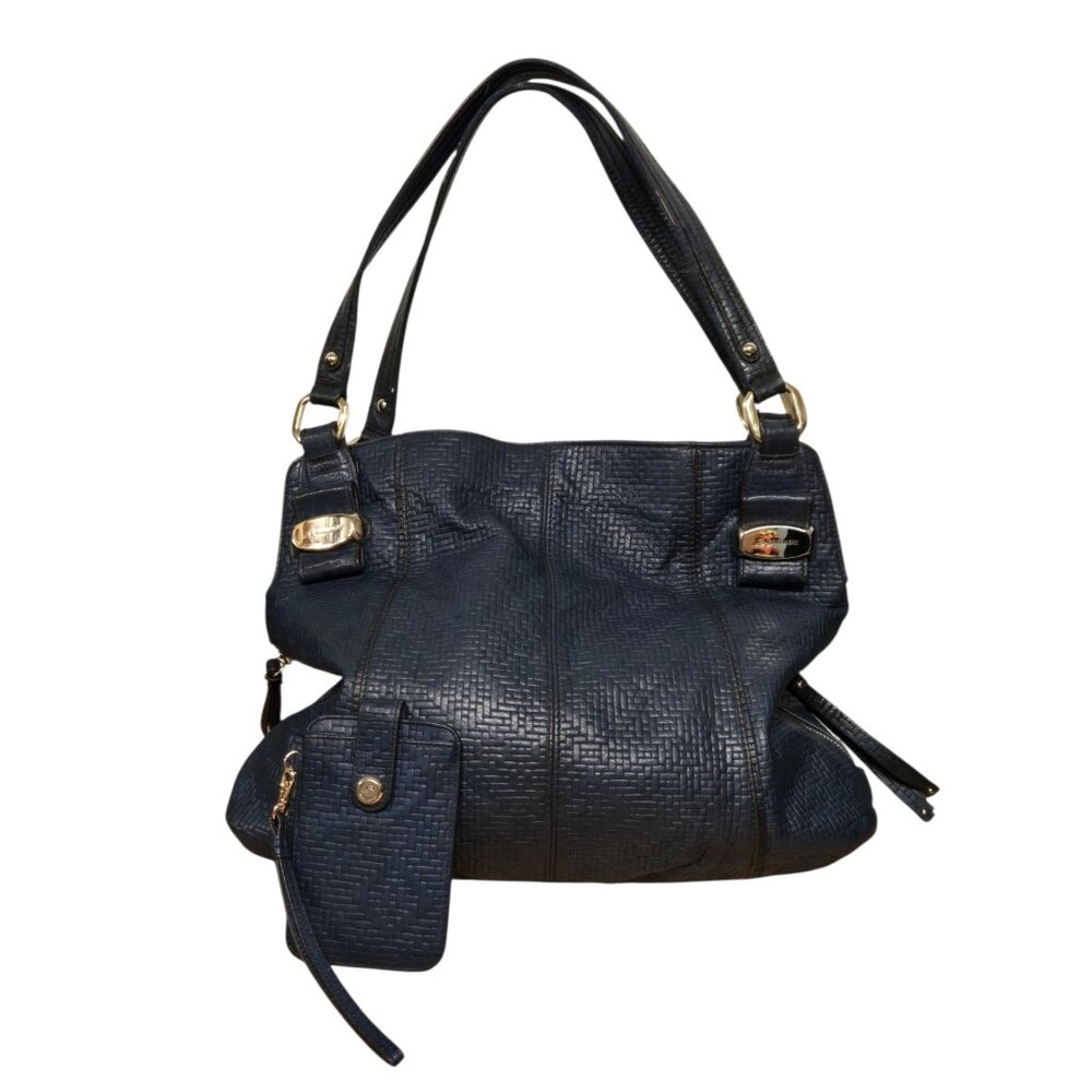 B. Makowsky Genuine Leather Slouch Hobo Shouder Bag And Card Case Textured Blue
